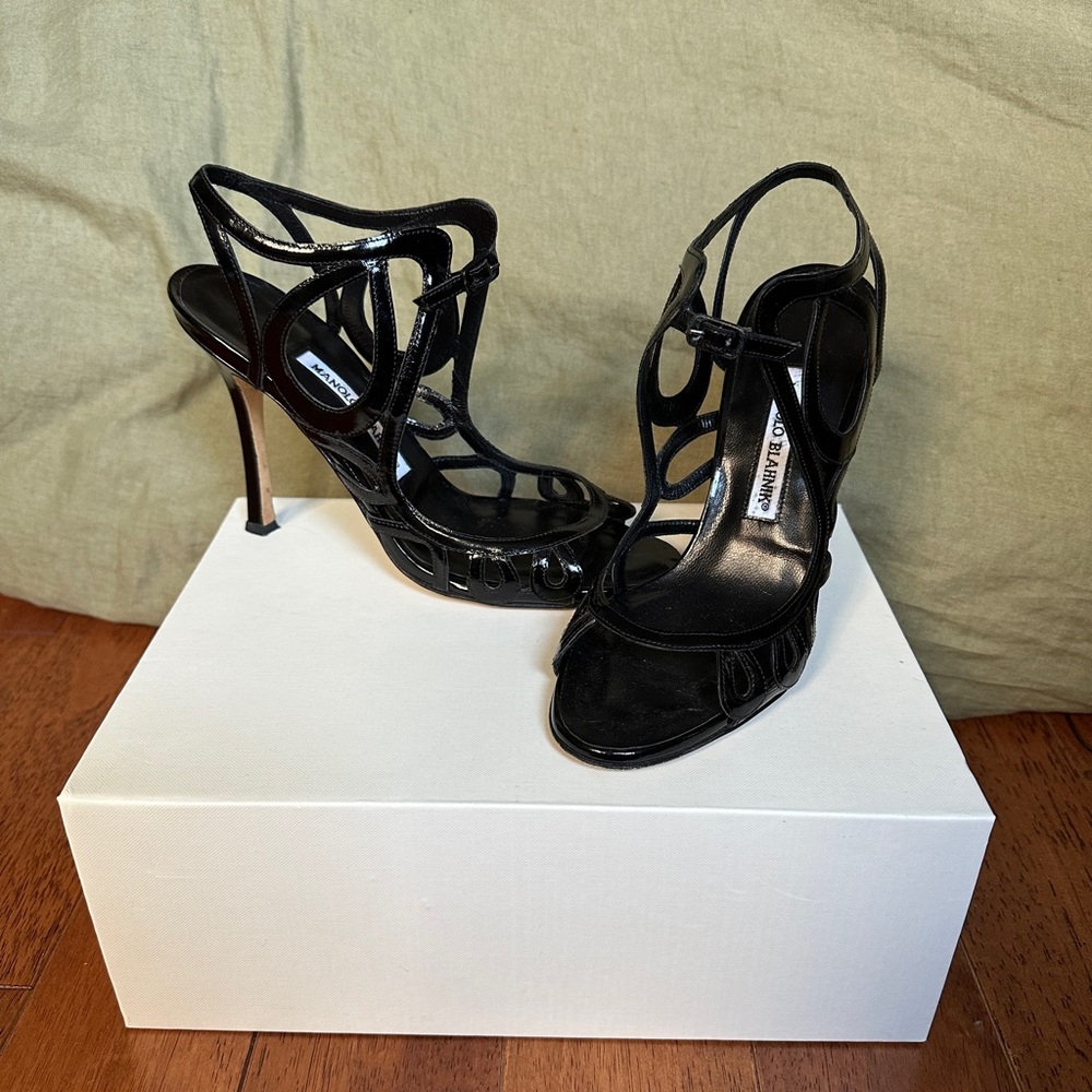Manolo Blahnik Black Patent Leather Strappy Sandals